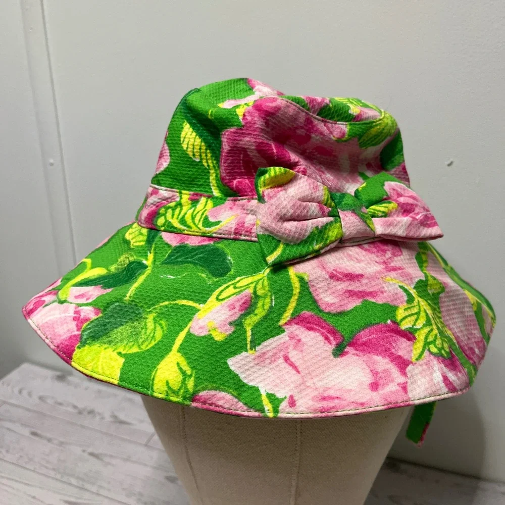 Janie and Jack Girls Pink Green Floral Bow Sun Hat 12-24 Months Cotton